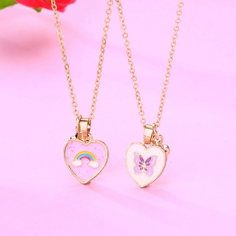 2pcs / Set Kalung Rantai Dengan Liontin Hati Butterfly Untuk Anak Perempuan