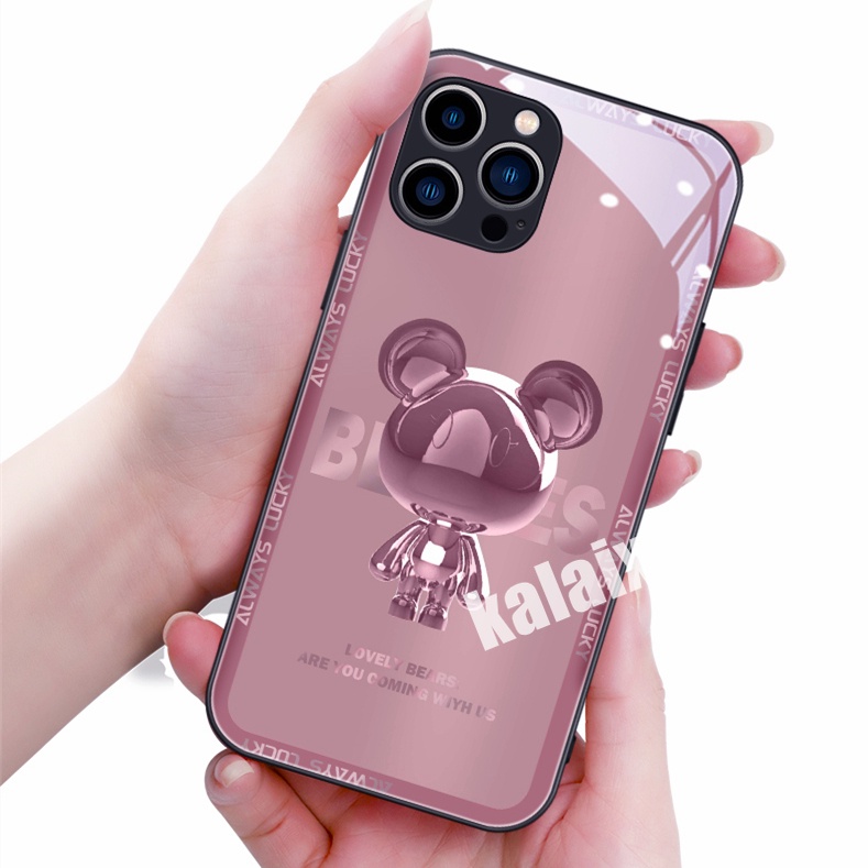 Hard Case Tempered Glass Motif Beruang Untuk iPhone 14 Pro MAX 13Pro 12 11 Pro MAX XR XS MAX 7PLUS 8PLUS