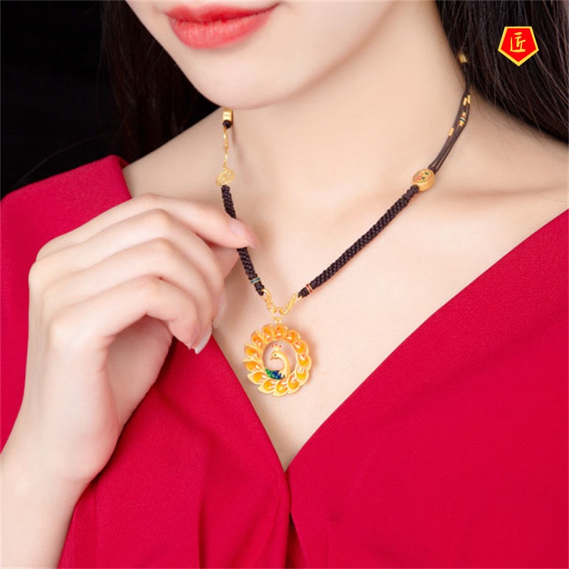 [Ready Stock]Ancient Gold Craft Burnt Blue Peacock Pendant Elegant Fashion