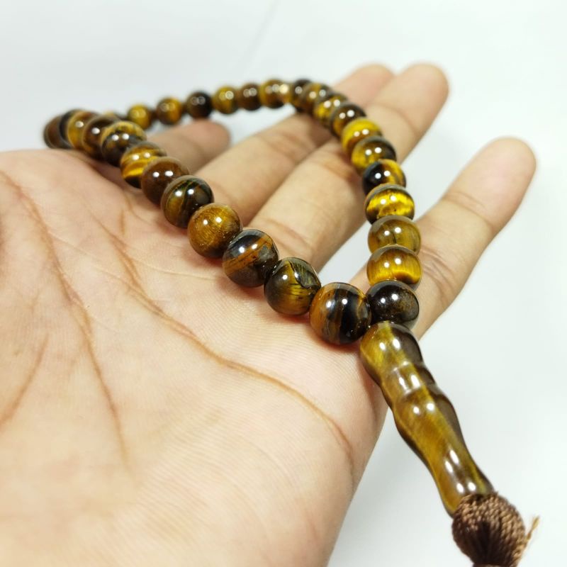TASBIH BATU AKIK SEPAH TIGER EYE ASLI NATURAL ISI 33 BUTIR