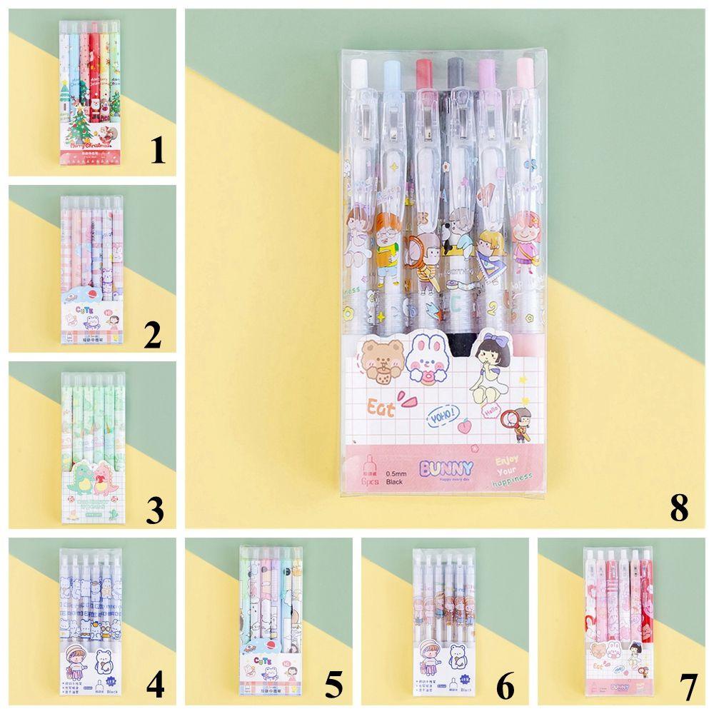 Populer 6Pcs/Set Gel Pen Sekolah Siswa Lucu Stationary Cepat Kering Hitam