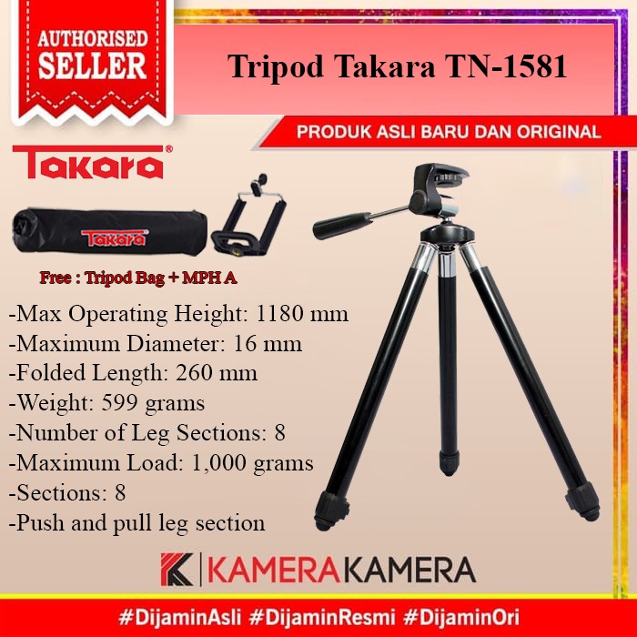 Tripod hp dan kamera Takara TN-1581 Traveller Tripod for Camera HP + Tripod Bag + Holder MPHA