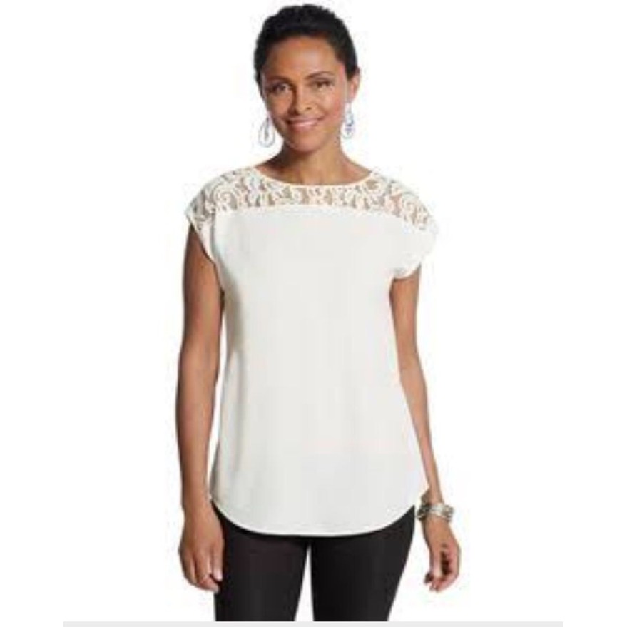 NEW KT BBJ02721 CHICOS BROKEN WHITE N DARK GREY BLOUSE BROKAT SLEEVE