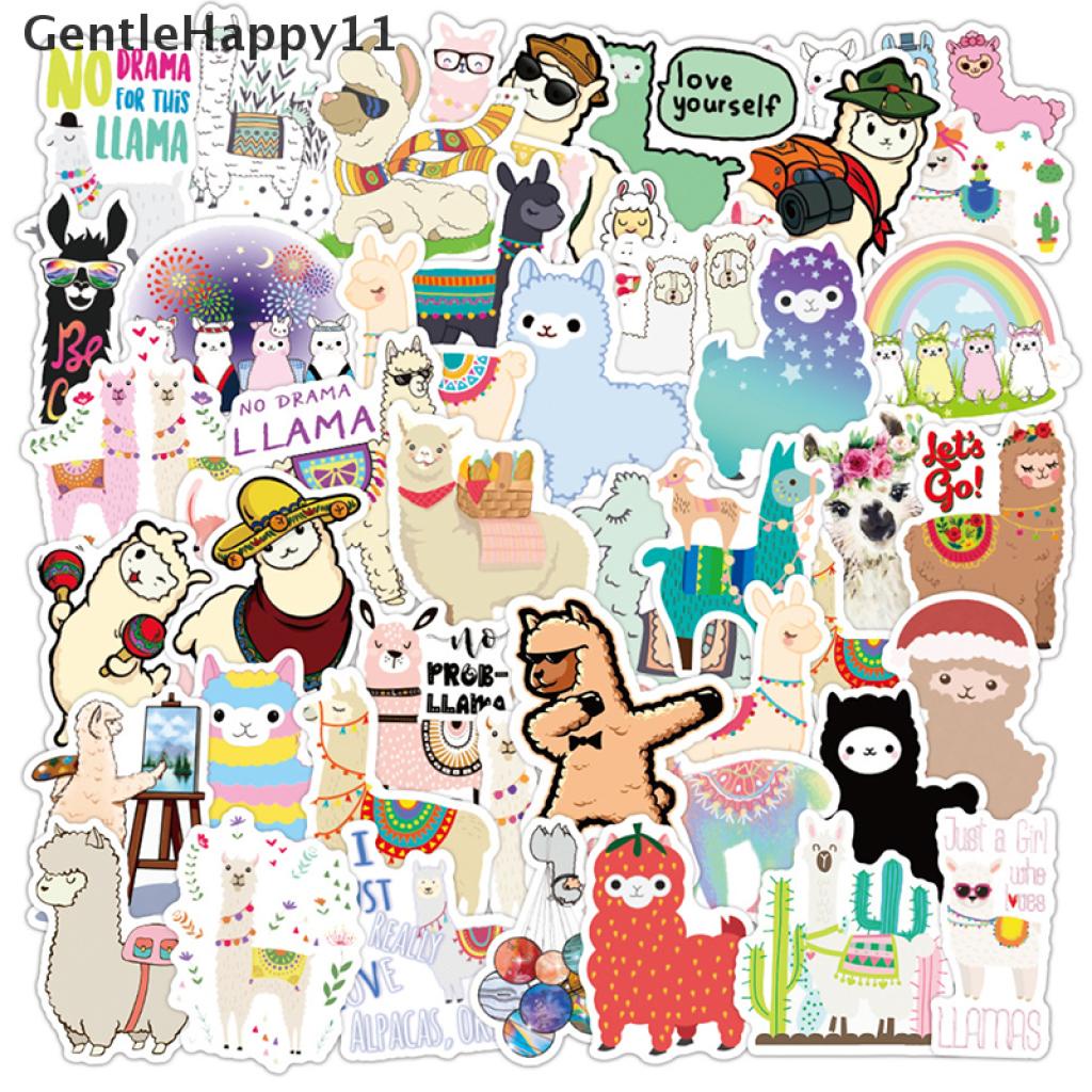 Gentlehappy 50PCS / Set Stiker Motif Kartun Hewan Llama / Alpaca / Domba / Unta Untuk Dekorasi Scrapbook / Craft Diy