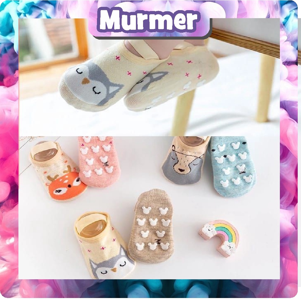 Murmerofficial R307 KAOS KAKI ANKLE DENGAN STRAP MOTIF KARTUN HEWAN BAHAN KATUN ANTI SLIP UNTUK BAYI