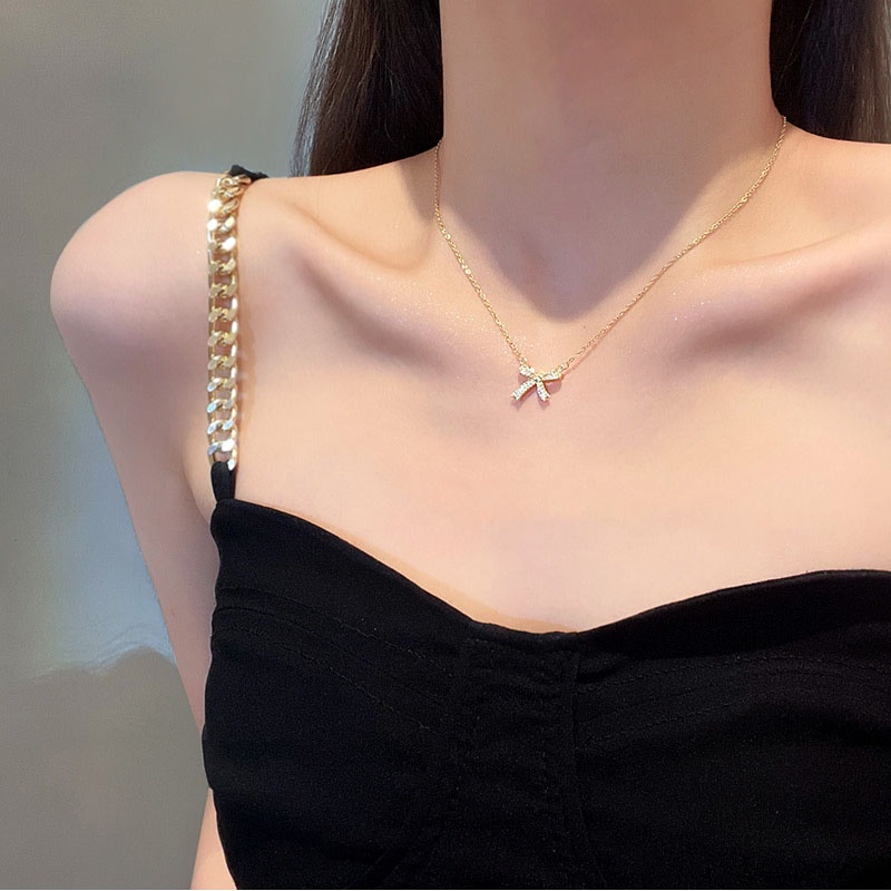 Shuling Micro-inlaid Bow Pendant Titanium Necklace Female Korean Style Choker Necklace Fashion Women Jewelry