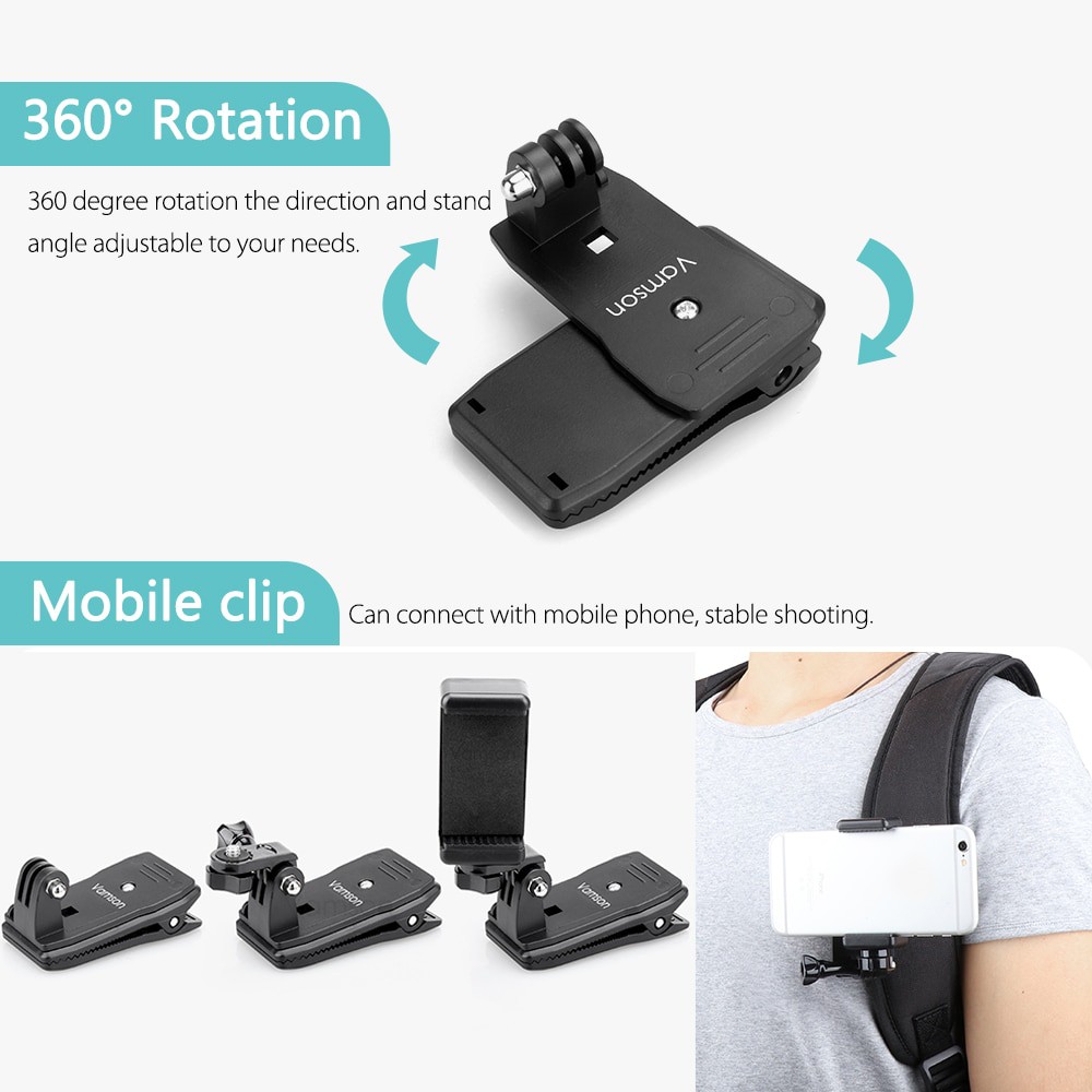 Vamson Clip Clamp Mount 360 Rotary + Smartphone Holder for GoPro / Xiaomi Yi - VP512 - Black - 7RCS23BK