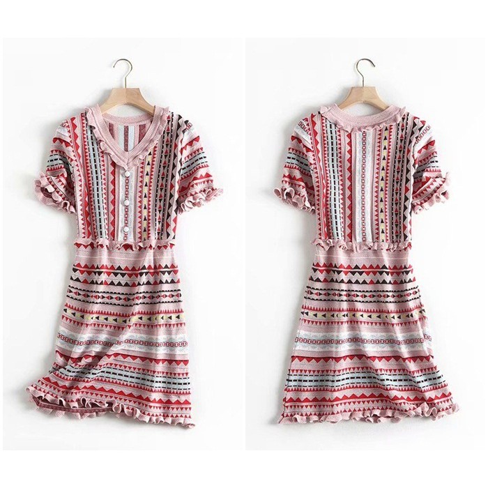 [baju wanita korea]  Mini Dress Rajut Etnik Wanita Korea Import Merah Red Pink