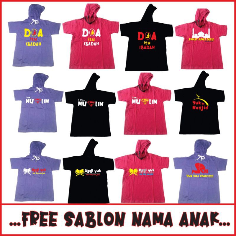 BAJU KAOS ATASAN ANAK ANAK ISLAMI MUSLIM MODEL HOODIE FREE SABLON NAMA