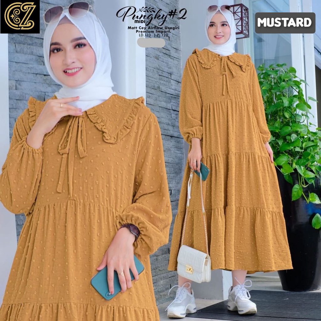 Pungky 2 Gamis Wanita Crinkle Uragiri Premium Dress Wanita Lengan Panjang Karet Susun Baju Wanita Muslim Kekinian LD 110 cm