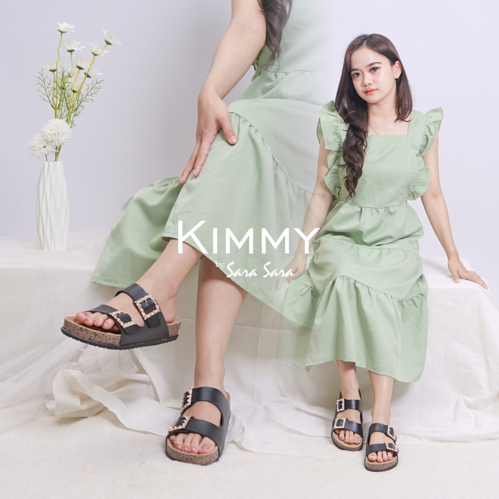 Sarasara Kimmy Sendal Selop Wanita Model Birken Sandal Slop Cewek Gesper Kristal Ban Dua Size 36-41