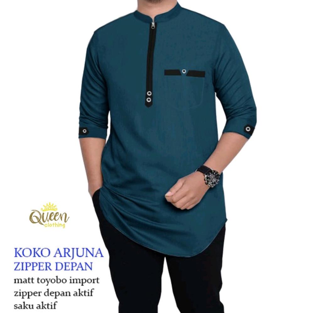 Qc Koko Arjuna Toyobo Zipper Terbaru 2021 / Cod / (6 Warna, Xl) / Baju Muslim Koko Pria Dewasa Lenga