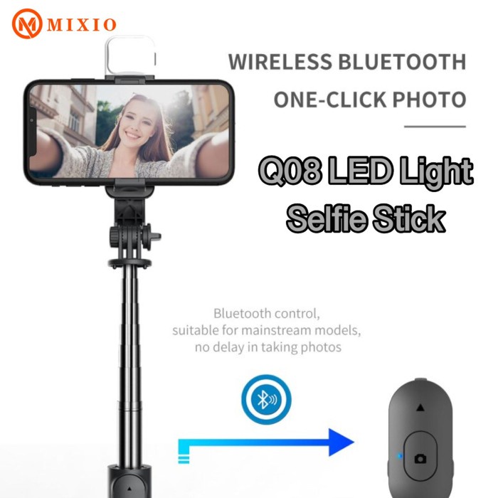 MIXIO - Q08 Selfie Stick Stainless Steel Tripod with WHITE LED Light