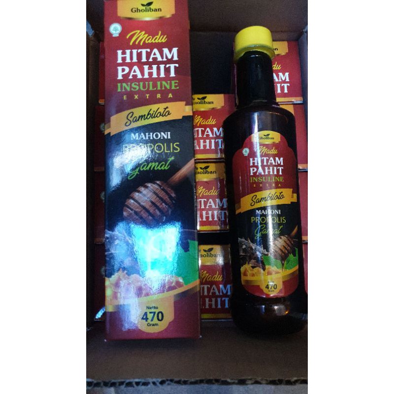 MADU HITAM PAHIT INSULINE GHOLIBAN EXTRA PROPOLIS, GAMAT EMAS  DAN SAMBILOTO ISI +- 470Gr