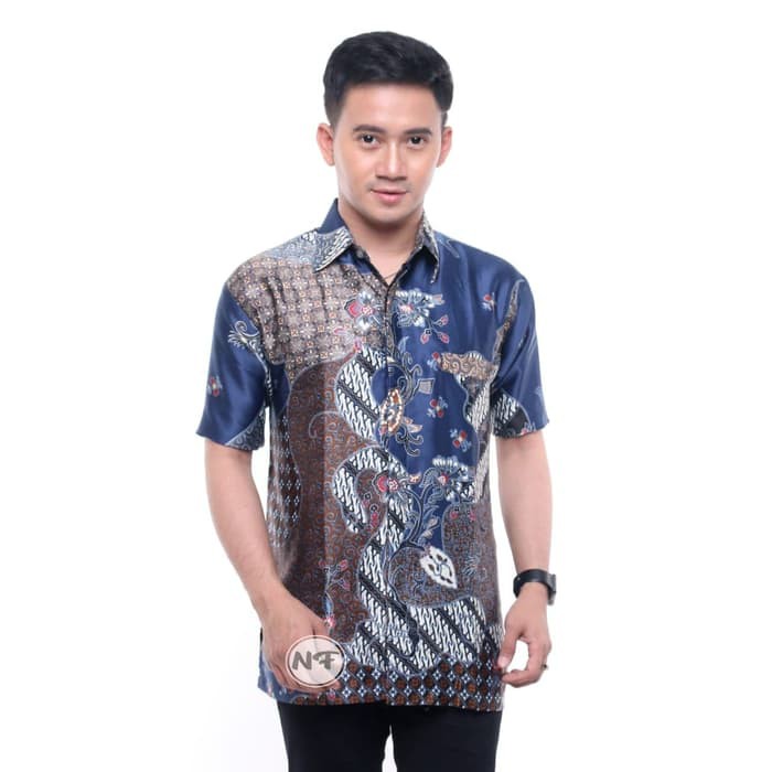 Baju Batik Pria Semi Sutra Lengan Pendek Batik Kantoran New