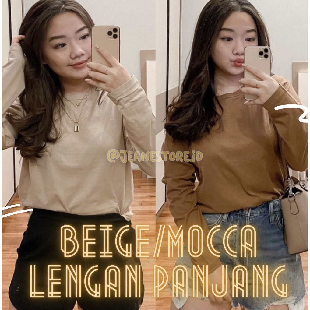 JEANESTORE | BEIGE MOCCA POLOS LENGAN PANJANG TSHIRT KATUN COKLAT SUSU CREAM BAJU KAOS WANITA HIJAB