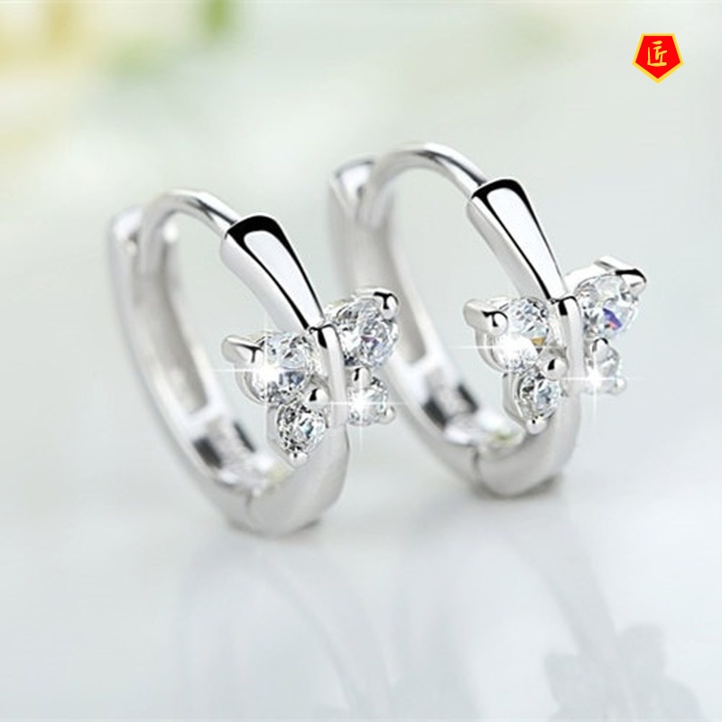 [Ready Stock]Silver Diamond Butterfly Earrings Cute Fashion