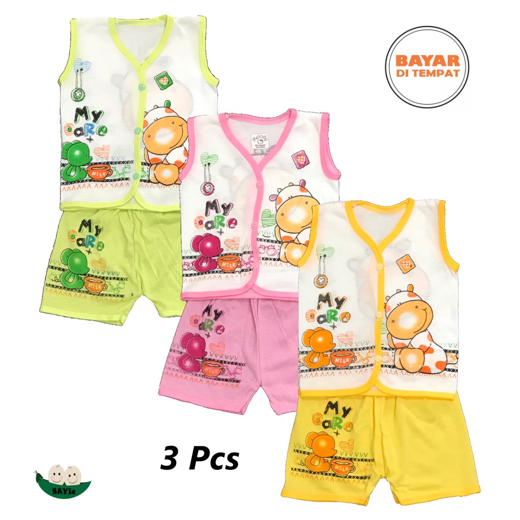 BAYIe - 3 SET Setelan Baju Bayi Buntung+Celana Pendek MELODY  New Born umur 0-3 bulan