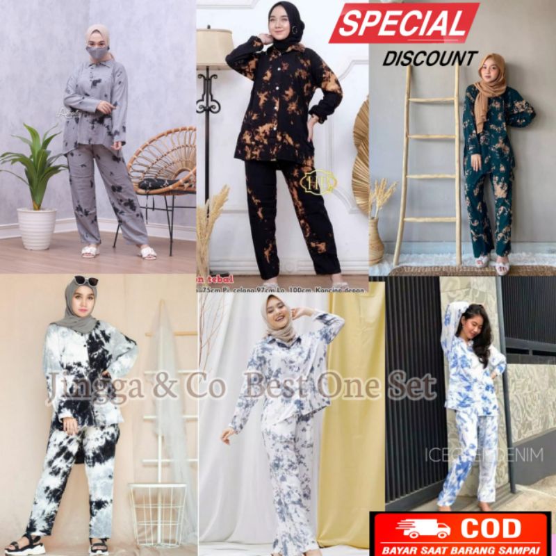 One Set Daily Pajamas Rayon Celup Tie die Stelan Wanita-2