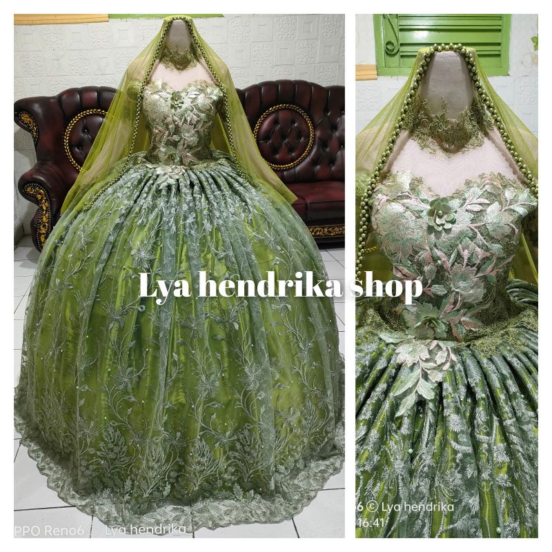 Gaun pengantin ballgown+veil Payet mutiara