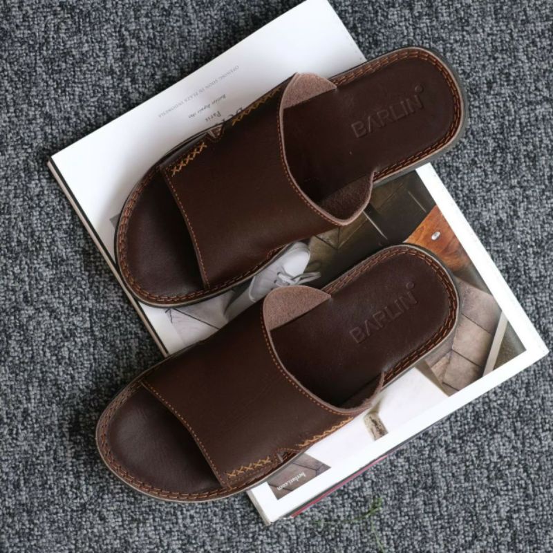 BRLN 001 Brown Sandal Pria Keren Kulit Asli Sendal Slide Casual Santai Main Original Full Leather