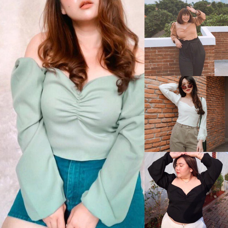 Sabrina Jumbo Big Size | Lola Crop Top | Blouse Putih Jumbo | Crop Top Lengan Panjang