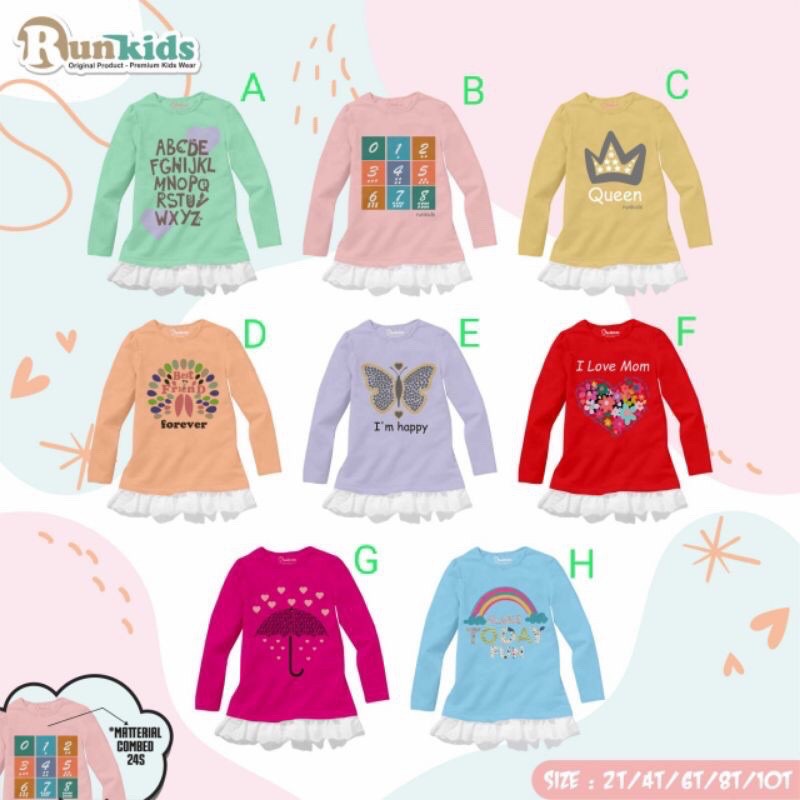 Longsleeve Girls Runkids 2-10 Tahun kaos lengan panjang anak perempuan