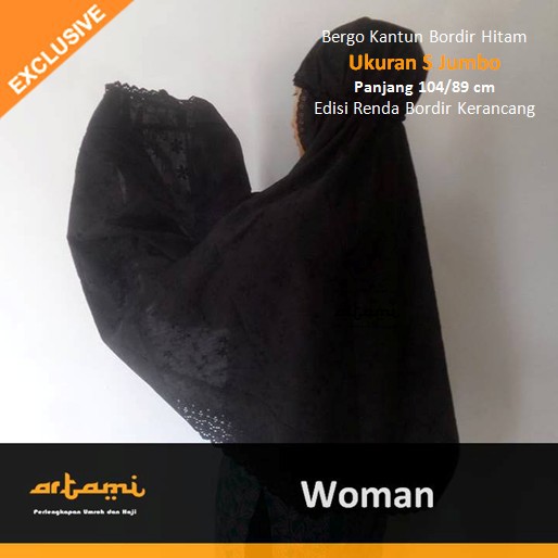 Kerudung Bergo Hitam Bordir Kerancang Ukuran S Jumbo Umroh Haji