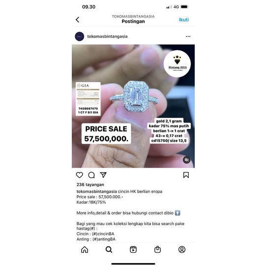 cincin GIA berlian eropa full mas putih whitegold ( 15750 )