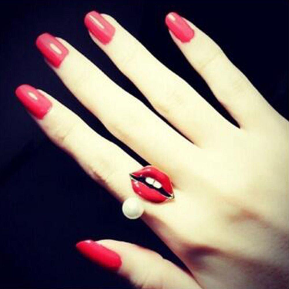 Mxbeauty Cincin Knuckle Adjustable Desain Gigi Bibir Merah Hias Mutiara Untuk Wanita