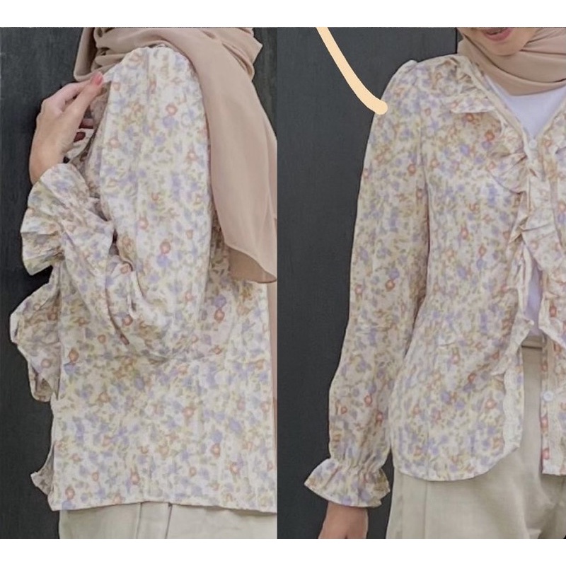 Vinda Ruffle V Neck Floral Blouse / Atasan Kaos Wanita Import Motif Bunga Rempel 15C