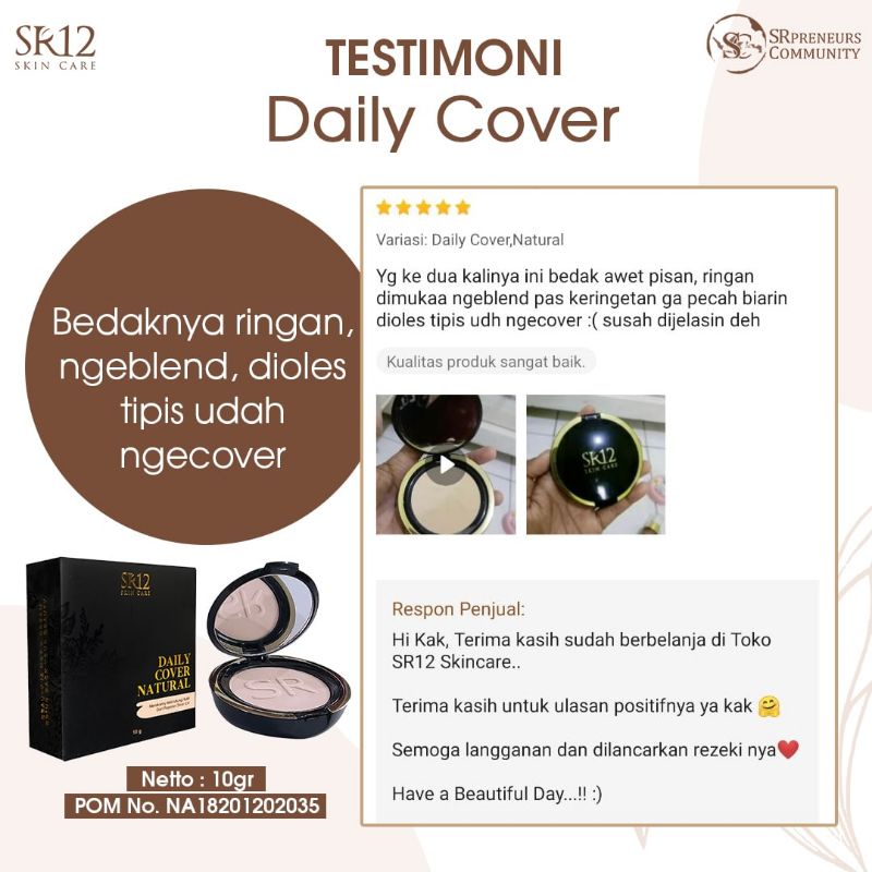 Bedak Padat SR12 Daily Cover Natural Sheerpink Beige - Compact Powder Bedak Glowing Tahan Air dan Keringat