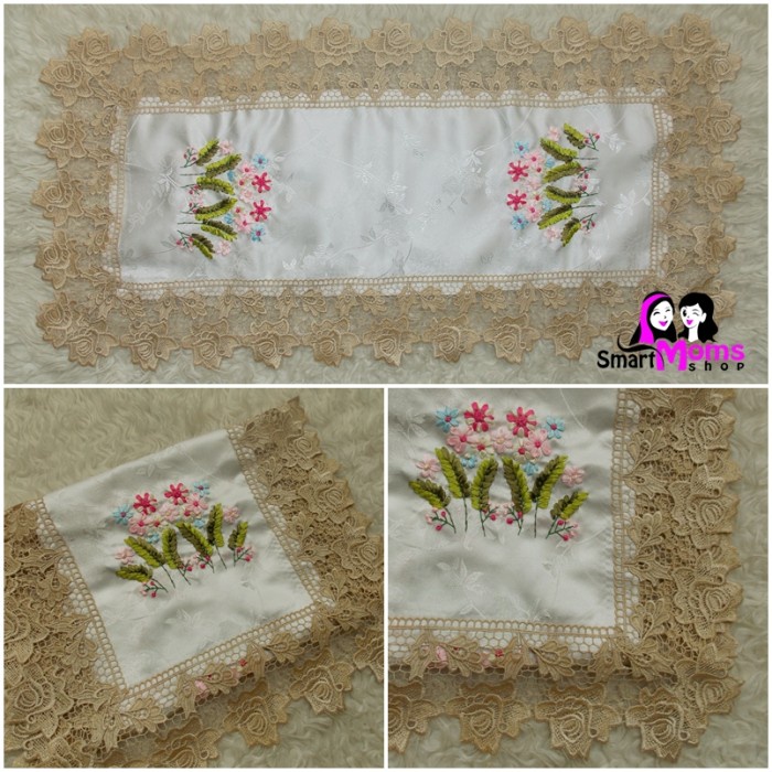 Taplak Meja - Taplak Meja Tamu Putih Shabby Chic Renda Gold Sulam Pita Mariana