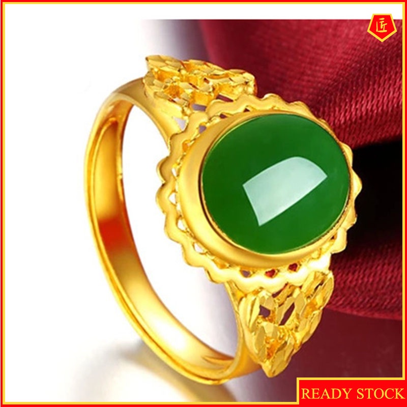 [Ready Stock]Women's Gold Inlaid with Jade Ring Hetian Jade Elegant Graceful