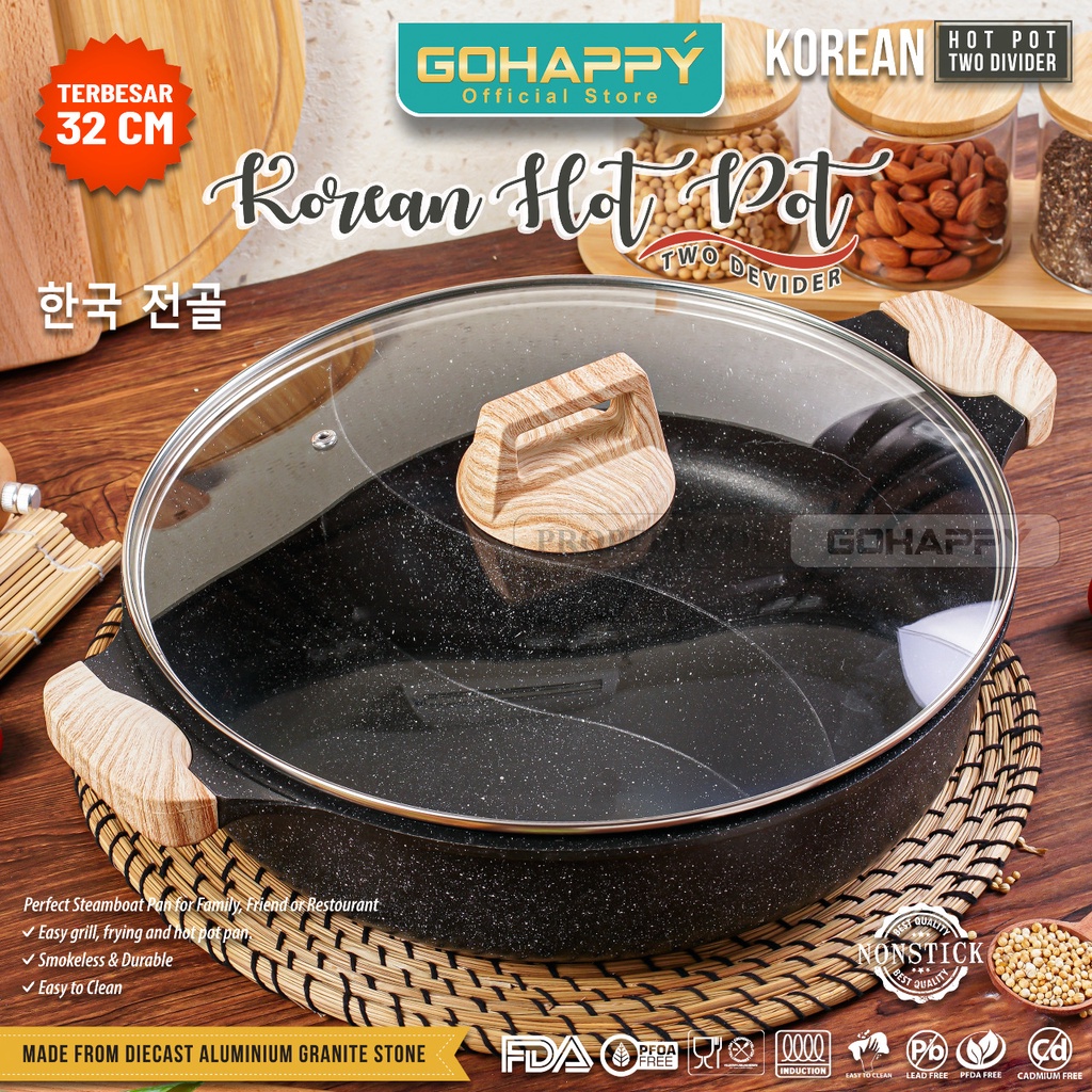 PANCI KUAH HOTPOT / Shabu shabu pan 2 sekat / Steamboat alat pemanggang grill pan dengan kuah GHK50 YIN YANG Free Glass lid