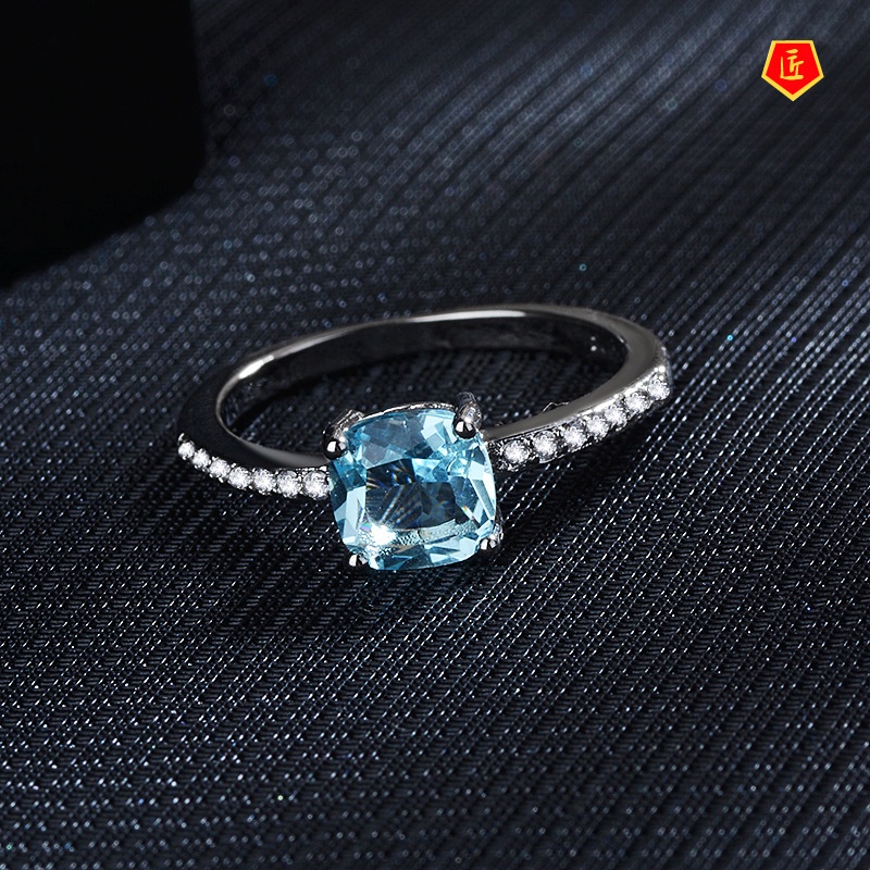 [Ready Stock]Inlaid Blue Topaz Square Diamond Ring Luxurious and Simple