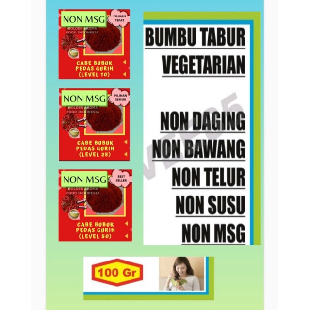 

Bumbu Tabur Vegetarian & Vegan Dijual Bubuk Aneka Rasa Cabe pedas gurih level 10 level 25 level 50 100gram