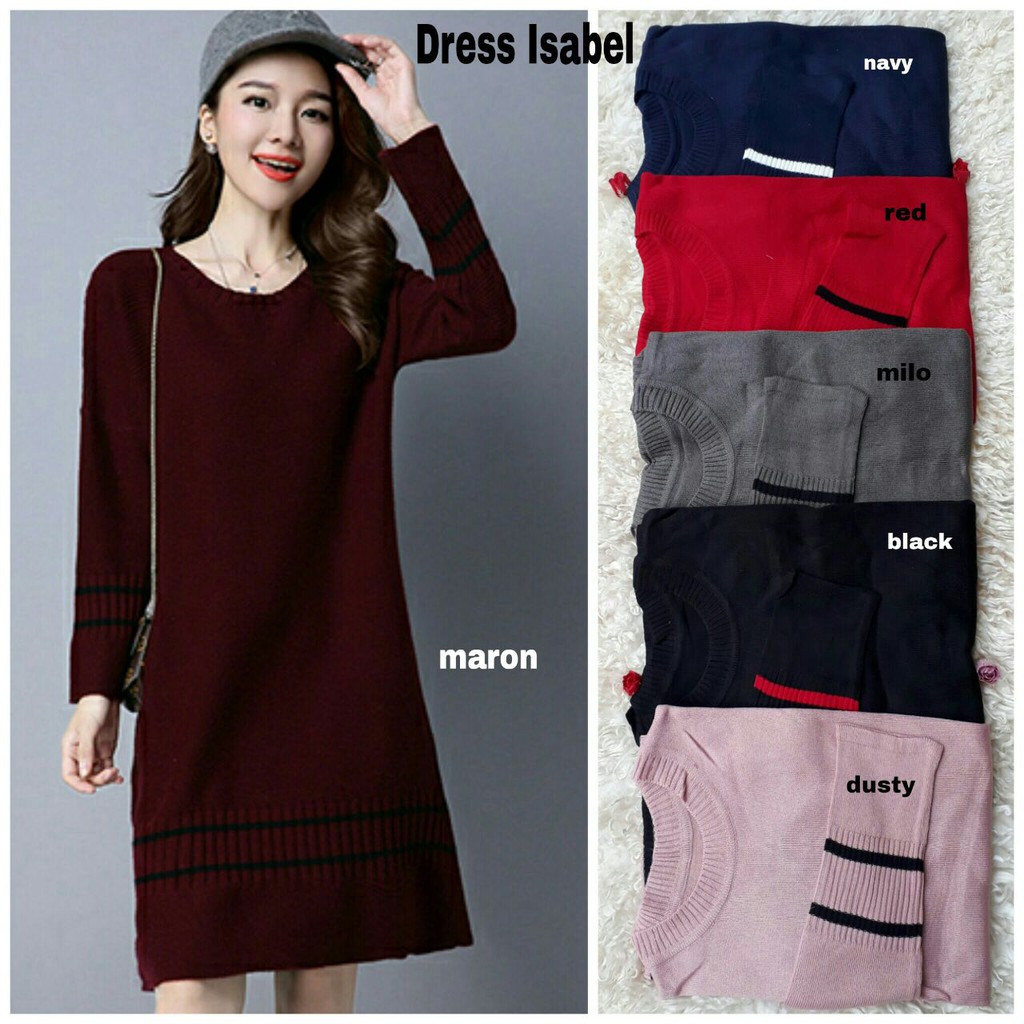 [Dress Isabel Varian Warna RO] Dress Wanita Rajut Navy/Red/Black/Maroon/Abu Tua/Dusty Pink