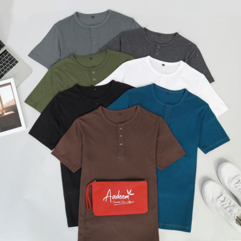 Henley Pria Aadeem / Kaos Henley Katun Bambu / Kaos Kancing Cotton Bamboo