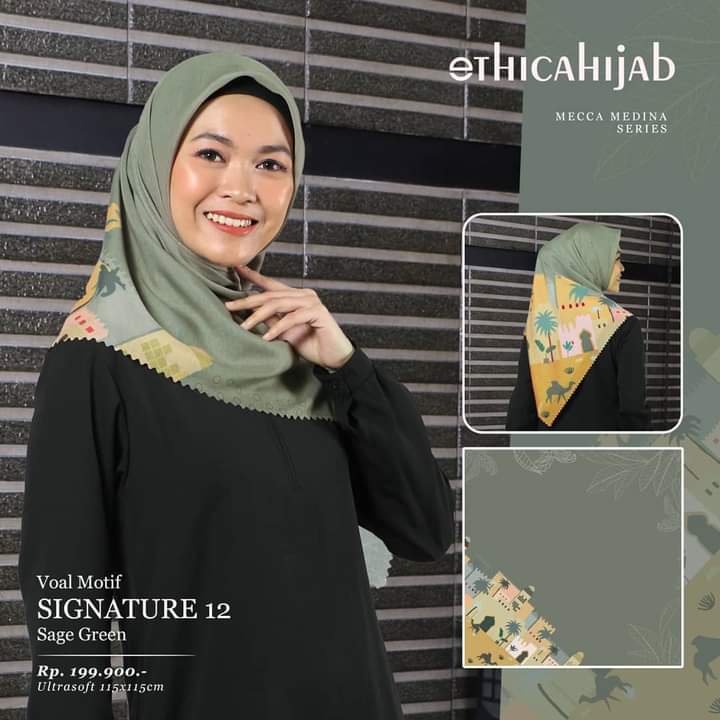 HIJAB SEGIEMPAT TERBARU VOAL MOTIF SIGNATURE 12 SAGE GREEN BY ETHICAHIJAB