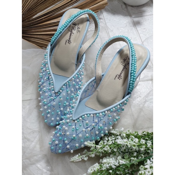 sepatu yasmika babyblue tali dipayet 7cm kaca