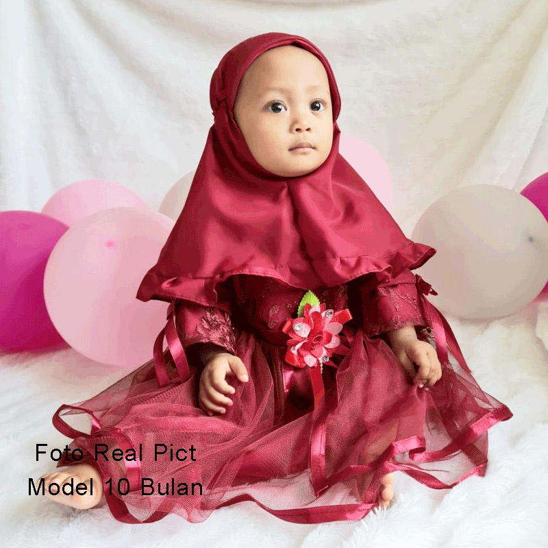 Baju Muslim Bayi Perempuan 0 6 bulan Set Hijab Gamis Bayi 10 bulan Model Terbaru 2022 Set Kerudung Adem Gaun Syari'i KAP65