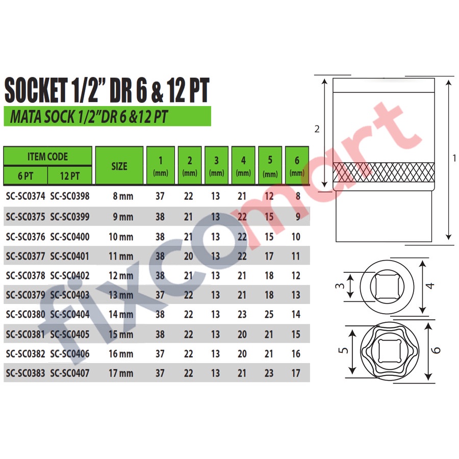 TEKIRO Mata Sock 1/2 inch 6PT (23 mm)