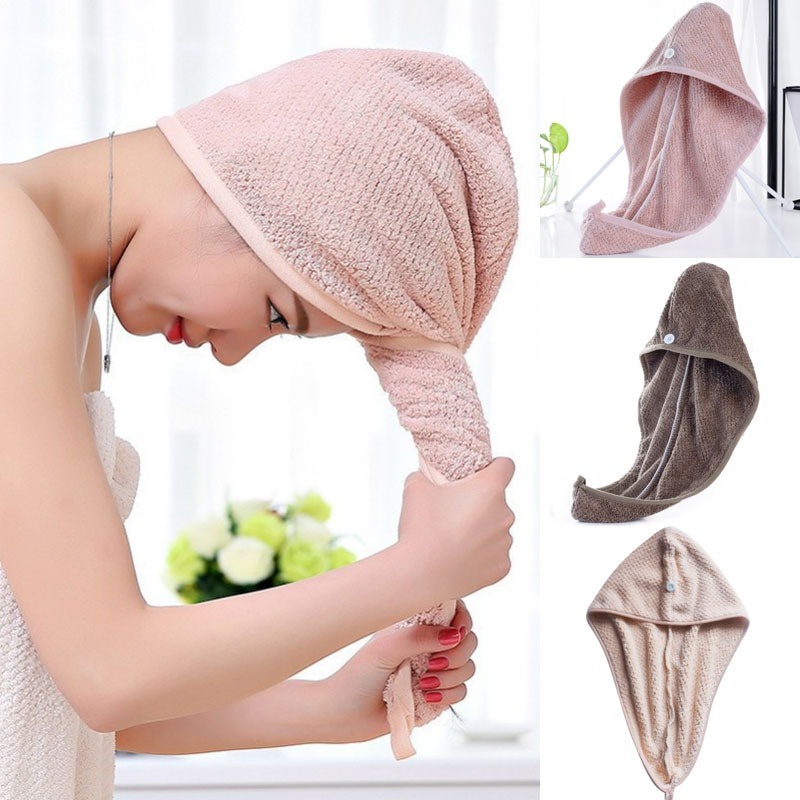 Handuk Wanita Pengering Rambut Kepala Hair Wrap Quick Dry Drying Towel Cepat Menyerap Polyester Model Topi Pink Coklat Creame Krem Kerang