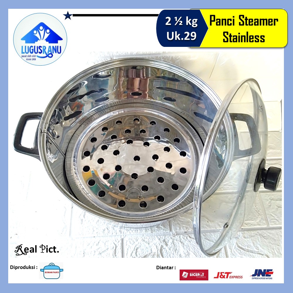 Panci Kukus 2 Saringan Dandang Kukus Steaming Pot Stainless Steel Tutup Kaca uk. diameter 29 muat 2.