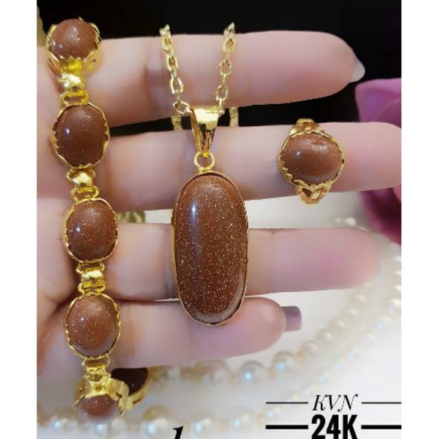 Set Perhiasan Lapis Emas 24 Karat Xuping Kalung Gelang Cincin Batu Permata Coklat Giok Gold Titanium