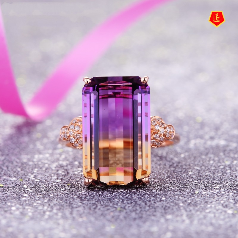 [Ready Stock]Micro-Inlaid Natural Amethyst Ring 18K Rose Gold Colored Gemstone