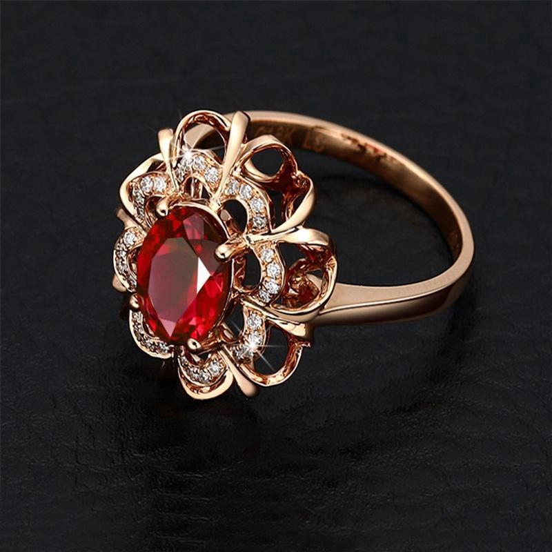 Seusuk 1pc Cincin Rose Gold 18k Desain Bunga Hias Batu Permata Merah Gaya Korea Untuk Wanita