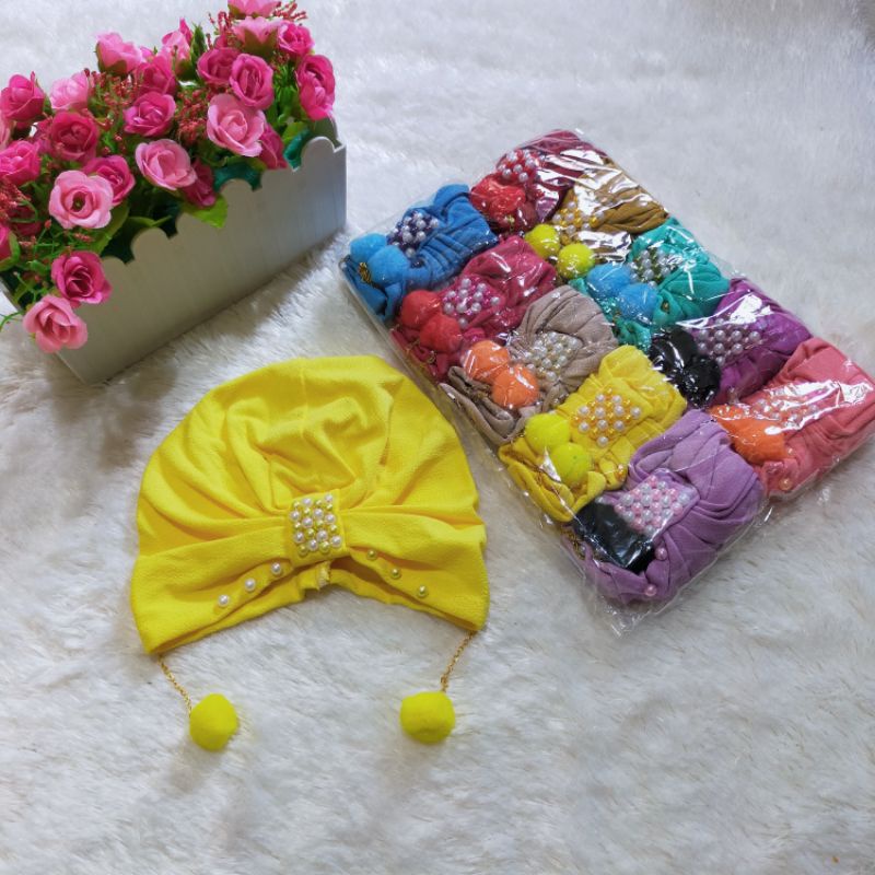 Turban mutiara Anting pom pom Bayi Ciput Anak umur 0-3 tahun