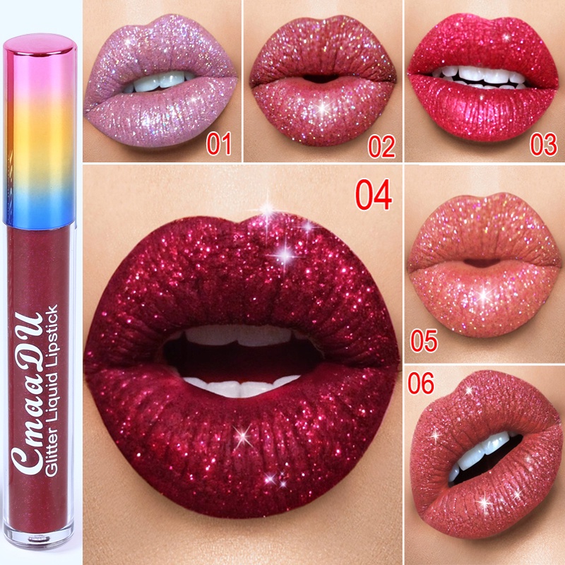 CMAADU GLITTER LIQUID LIPSTICK Lipstik Tahan Air Tahan Lama Shimmer Merah Bibir Berwarna Merah Muda